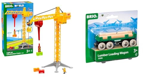 BRIO World 33835 Großer Baukran mit Licht - Zubehör für die BRIO Holzeisenbahn - Empfohlen für Kinder ab 3 Jahren & Bahn 33696 - Langholzwagen