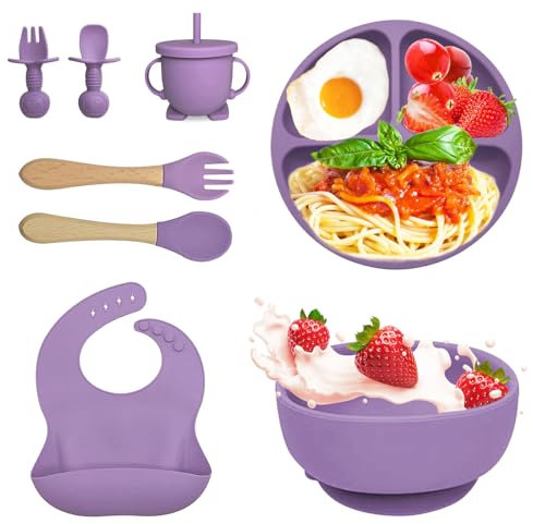 Bizcasa Coffret Repas Bebe 8 pièces, Vaisselle Antiderapant pour Bébé Set Silicone avec Ventouse Assiette Bol Fourche Cuillère Bavoir et Tasse, Assiette Enfant Set, Sans BPA (Violet)