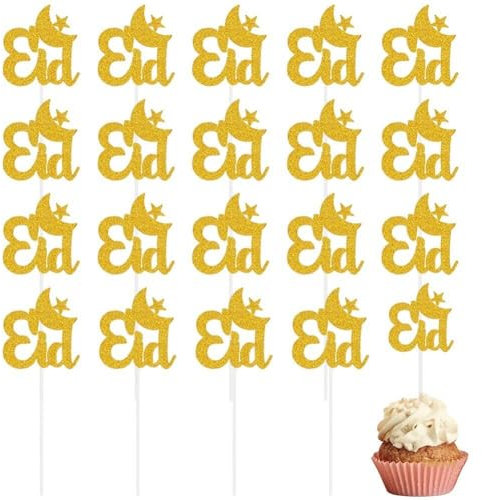 Hrippy Eid Mubarak Cupcake Toppers 20pcs Glitter Star Moon Eid Cupcake Toppers Eid Mubarak Cake Topper for Eid Party Muffin Cake Decor