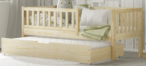 Profiwood Montessori Kinderbett mit Geländer und Schublade Einzelbett für Kinder mit Stauraum Holzstruktur Fein Geschliffen - Natürliche Holzfarbe - Massives Kiefernholz - Ohne Matratze (80x160 cm)