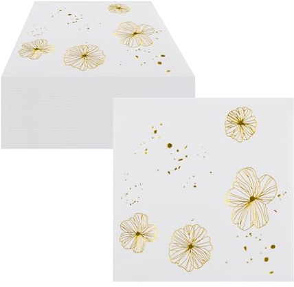 CEILIWEN - 100 tovaglioli di carta dorata, tovaglioli di carta con motivo floreale bianco, tovaglioli di carta usa e getta per matrimoni o feste, 33 x 33 cm