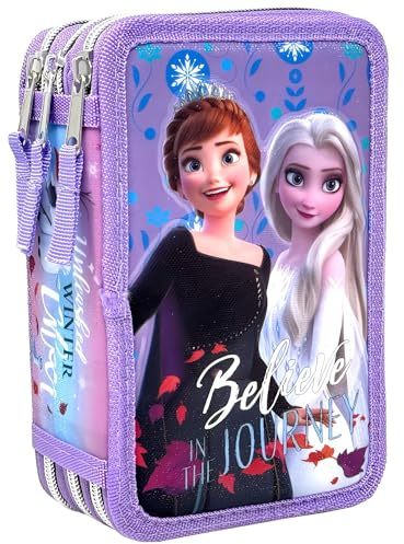 Clondo 3D Mädchen Federmäppchen 3-Fach – 44-teilig gefüllt – für Die Eiskönigin Frozen Fan – mit Filzstiften, Buntstiften, Lineal – Lila – Schulmäppchen & Geschenk für Kinder