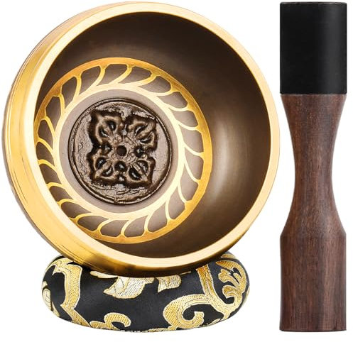 Große Tibetische Klangschale, Handgefertigt in Nepal für Yoga, Chakra-Heilung, Stressabbau, Selbstpflege Geschenke für Frauen und Männer, Weihnachtsgeschenke (Vier Buddhas-Goldenes Rad, 10cm)