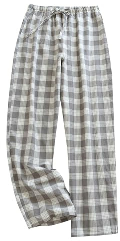 Pantalon de Pyjama Homme 100% Coton Léger à Carreaux - Vêtements de Nuit & de Détente Maison - Bas Long Tissé Coupe Droite Décontracté