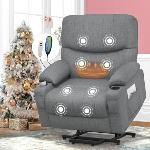 SQUEBILIFE Recliner Armchair Electric Recliner Chair with Massage & Heat, Extended Footrest, Oversized Riser Reclining Chairs Lift Chair Lounge Sofa with Type C+USB Dual Drink Holders Side Pockets