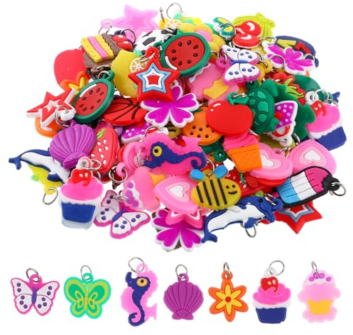 Nogeqi 100 Pcs Silicone Charms for Bracelets,Rubber Loom Band Charm,Rubber Band Bracelets Charms,Charms for Bracelet Making,for Pendant Bracelet Making DIY Handmade Materials(Random styles)