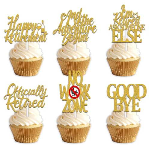U-Cp-0295 18pcs Gold Glitter Dessert Cupcake Topper Pick for Don’t Work Goodbye Retirement The Notorious One Theme Decor Supplies Men Woman Coworker Going Away Party Decorations
