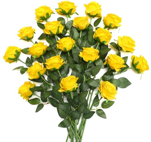 JUSTOYOU 20 PCS Yellow Rose Artificial Flower,Silk Blooming Rose with Stem,Artificial Rose Bouquet Realistic Flower for Home Table Office Party Wedding Garden Arrangements(Blossom Roses yellow)