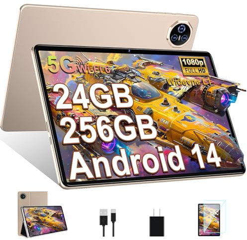 Biegedy - Tablet de 11 pulgadas, Android 14, 8 núcleos, 24 GB RAM + 256 GB de ROM, disco duro TF 1 TB, WideVine L1, WLAN 6, 8000 mAh, 5+13 MP, Bluetooth 5.0, 1280 x 800 px, cubierta de metal, dorado