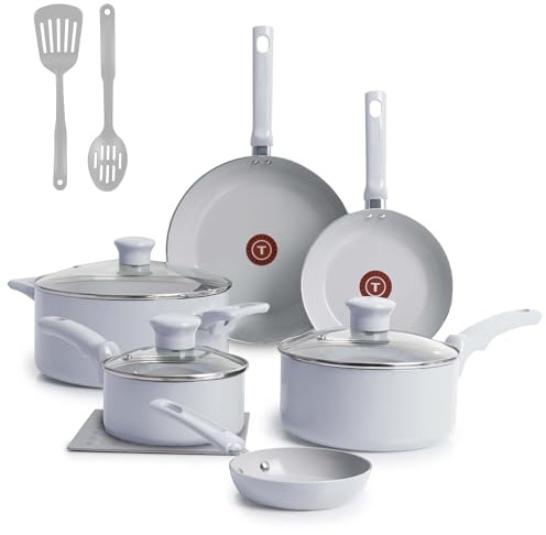 T-fal Refresh Ceramic, Ceramic Non Stick Cookware Set 12 Piece, Oven Broiler Safe 350F, Kitchen Cooking Set w/Egg Pan, Frying Pans, Saucepans, Dutch Oven, Lids, Tools, Pots and Pans Set Nonstick Blue