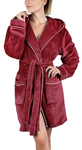 Morgonrockar med huva för kvinnor Storbritannien fleece, morgonrockar för damer lätta korta morgonrockar - dammorgonrockar fluffig enkel morgonrock med fickor och bälte badrockar kvinnor, vin, M