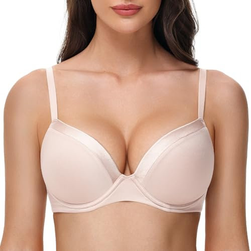 Deyllo Women's Push Up T Shirt Bras Deep V Add One Cup Full Coverage Lightly Padded Bra Seamless Underwire(Light Pink,36F)