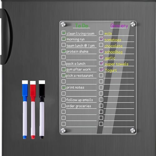 Magnettafel für Kühlschrank, Transparente Planertafel für den Kühlschrank, Familienplaner Abwischbar mit 3 Farbmarkern, für To-do Listen, Menüplanung und Einkaufsliste
