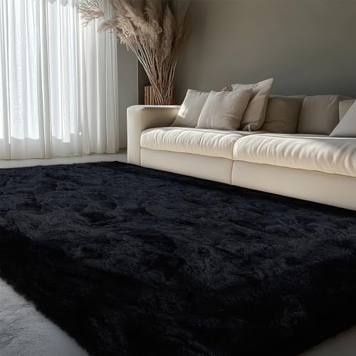 XSIVOD Hochflor Teppich Schwarz 160x230 cm, Weicher Teppich Wohnzimmer | Waschbarer flauschiger Hochflor Teppich, rutschfeste Matte für Schlafzimmer, Kinderzimmer und Büro, moderner weicher Teppich