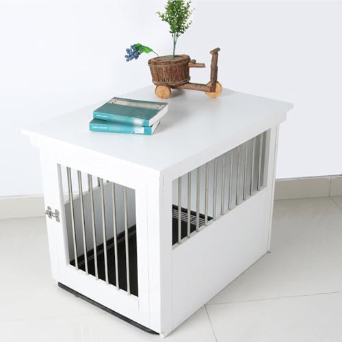 Hundebox für den Innenbereich, Hundebox aus Holz und Edelstahl, Hundebox-Couchtisch mit Tablett an der Unterseite. Leicht zu reinigen, geeignet für mittelgroße und große Hunde (weiß, M).