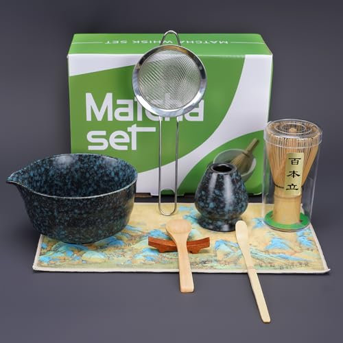 HMAZAE Matcha Whisk Set, 8pcs Matcha Set Ceremonial Grade Matcha Kit Includes Bowl with Spout/Whisk Holder/Bamboo Whisk/Bamboo Scoop/Spoon/Sifter, Gift for Macha Lovers to Enjoy Making Tea