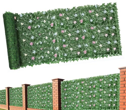 Valla de privacidad de hiedra, protección de setos artificiales con flores, rollo decorativo de setos de hojas de hiedra artificial, paneles decorativos de pared de jardín para garaje