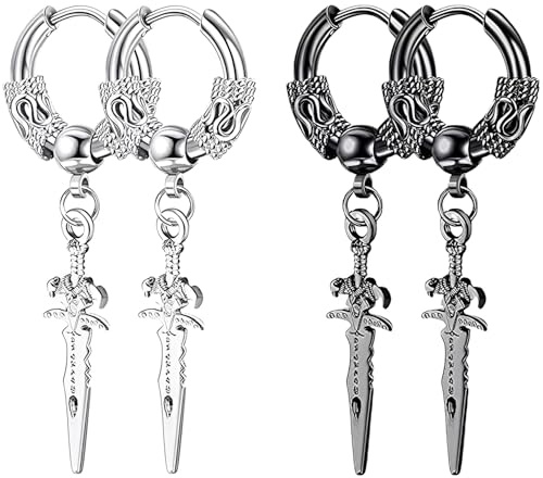 Liitata 2 Pares Pendientes Espada Gótica Acero Inoxidable Daga Pendientes Colgantes Hip Hop Punk Rock Pendiente Para Hombres Mujeres Plata y Negro