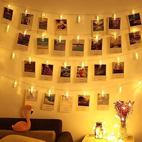 ALEGRE Fotoclips Guirlande lumineuse à piles avec minuteur, 5 m, 50 LED, 30 pinces et 10 clous, blanc chaud, pour photos, salon, Noël, mariages