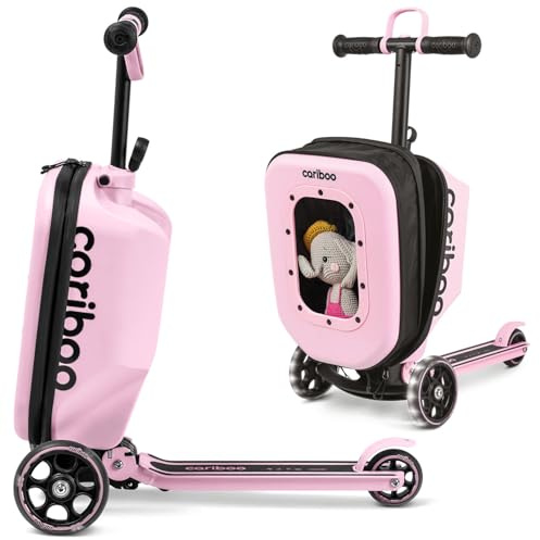 Cariboo iTravel sparkcykel för barn med resväska, 3 hjul, från 2 år, 2-i-1, hopfällbar, höjdjusterbar, upp till 50 kg, handbagage, rosa