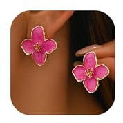 Hot Pink Flower Statement Earrings for Women Gold Large Blossom Design Lightweight Dangle Jewelry Everyday Elegance Party Accessories