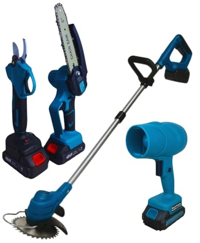Kit Potatura a Batteria, Forbici Cesoia da Potatura, Sega Elettrica Lama 6con Olio, Decespugliatore Tagliaerba, Soffiatore Turbo, Set Potatura e Pulizia Giardino con 2 Batterie da 48V Ricaricabili