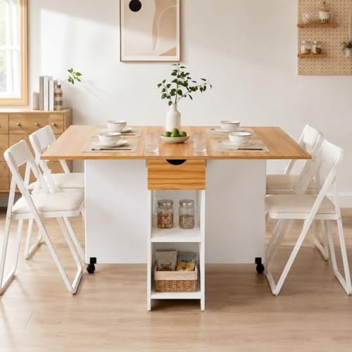 Mondeer Matbord, fällbart köksbord för 4–6 personer, fällbord med låda och 2 öppna hyllor för små rum, matsal, kök, 120 x 72 x 75 cm, vit + röd ek