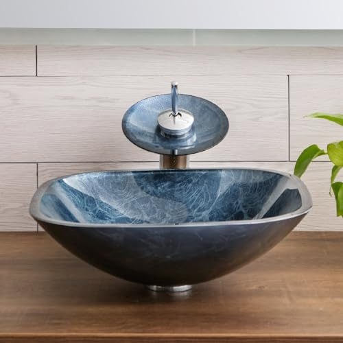 Lavandino Da Appoggio For Bagno, Lavabo Artistico In Vetro Temperato, Lavabo Ovale Sopra Il Piano Con Rubinetto E Piletta Di Scarico, Lavabos Da Appoggio(C)