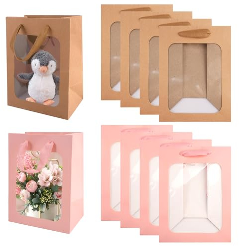 10 Stück Kraftpapier Geschenktaschen mit Fenster, Kleine Geschenktüten mit Fenster Papiertüten mit Henkel, Kraftpapiertüten Geschenktüten für Geburtstag, Einkaufen, Hochzeiten, Weihnachten
