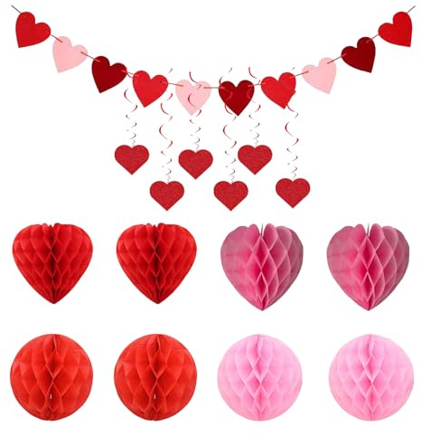 Rainway 15 unidades de decoración para San Valentín, propuesta de matrimonio, corazón y papel redondo, bola de panal de 15 cm, decoración de corazón rojo y rosa para San Valentín, día de la madre