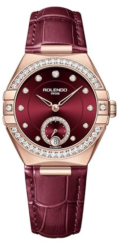 ROLENDO Orologio da donna con movimento automatico, diamanti e visualizzazione data, elegante orologio da donna con cinturino in pelle di vitello italiano per lavoro e tempo libero