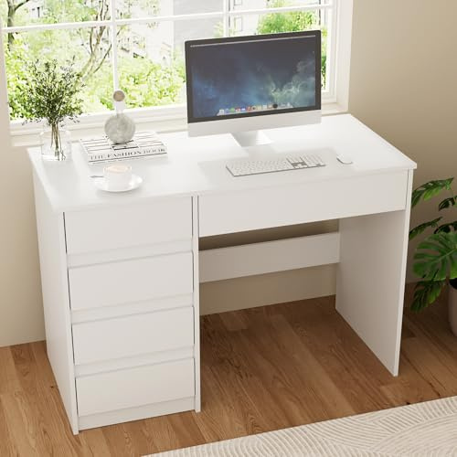 VOWNER Schreibtisch mit 5 Schubladen, Schreibtisch Computertisch mit Stauraum, PC Tisch für Jugendzimmer Schlafzimmer | Arbeitstisch,110x50x75 cm (Weiß)