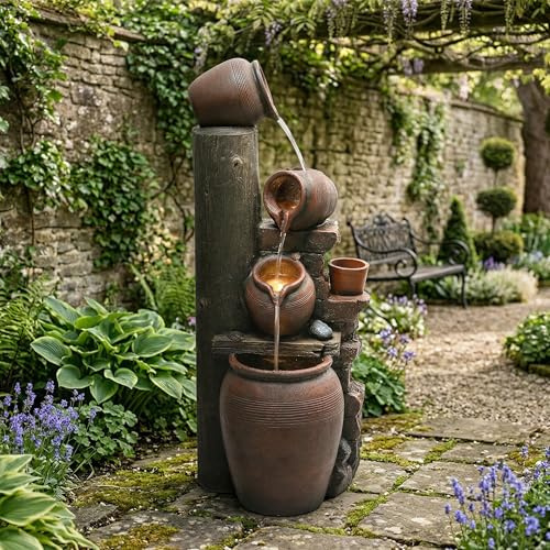 Fontana da giardino con illuminazione a LED, pompa dell'acqua, rivestimento esterno in pietra artificiale e bacino decorativo, fontana da interni, gioco d'acqua per giardino e terrazza (marrone)
