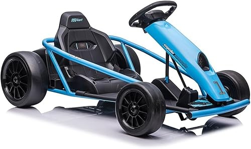 GarveeLife Leistungsstarkes Drift Go-Kart für Kinder 8 Jahre+, 24V, 2x300W Motoren, sanfter Start, Musikfunktion, Sicherheitsgurt, robuster breiter Sitz, bis 8 km/h, Outdoor Kinderfahrzeug – Blau