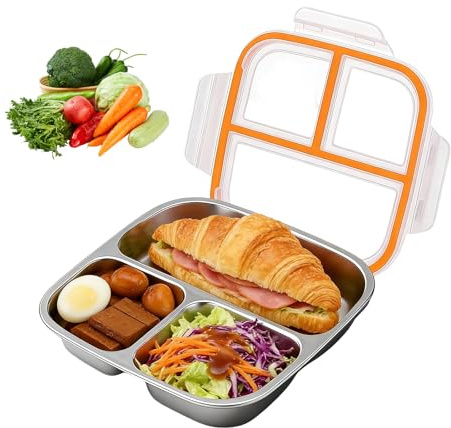 ABCORPHIC Caja de Aperitivos de Acero Inoxidable con 3 Compartimentos, Caja de Almuerzo Bento con 600 ml, Caja de Aperitivos Libre de BPA con Tapa, para Adultos, Niños, Escuela, Oficina (600