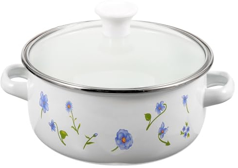 HEALSOPTHY 1.5l Retro Enamel Cooking Pot with Double Handles Flat Bottom Stew Pot for Cooking Porridge and Noodles with Uniform Heating
