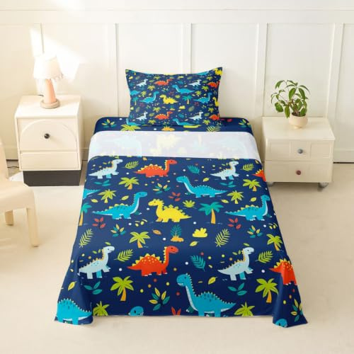 Homemissing Juego de sábanas de dinosaurio de dibujos animados, tamaño individual, juego de cama de dinosaurio kawaii de la selva, sábana bajera ajustable con bolsillo profundo, bonito animal salvaje
