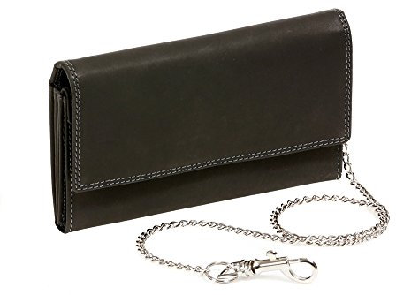 LEAS Große Bikerbörse Langbörse mit Chrom-Kette im Vintage-Stil MCL in Echt-Leder, schwarz Chain-Series