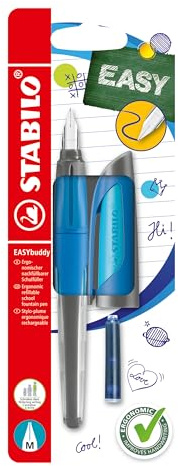 STABILO EASYbuddy - Ergonomic School Fountain Pen - M-Nib (Medium) - Right-Handed - Pack of 1 - Dark Blue/Light Blue including Blue Ink Cartridge