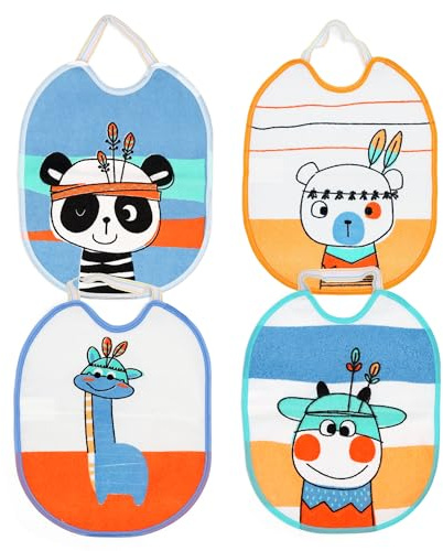 Ti TIN | Lot de 4 Bavoirs Éponge Imprimé Imperméable, 23x28 cm | 73% Coton - 27% Polyester - Bavoirs Bébés 6 à 12 mois - Fermeture Élastique - Doublure Vinyle - Motif Animaux - Multicolore - 140gr/m²