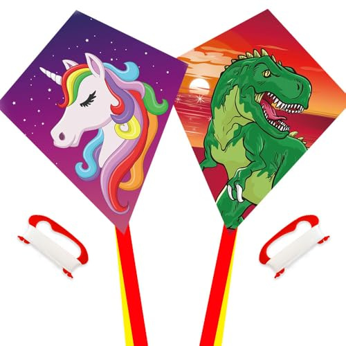 Aquilone Diamond Kite, Dinasour + Unicorn Eddy Kite, singola linea Aquilone per bambini, meraviglioso aquilone per principianti per 3 anni in su, manico aquilone, corda da 60 m e girevole inclusi.