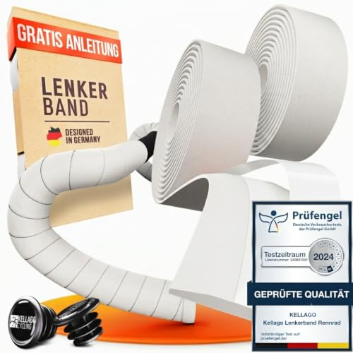 Kellago Lenkerband Rennrad weiß, inkl. Kunststoff-Endkappen, Montage-E-Book & 4x Klebestreifen - Fahrrad Lenkerband - Griffband Rennrad Fahrradlenkerband