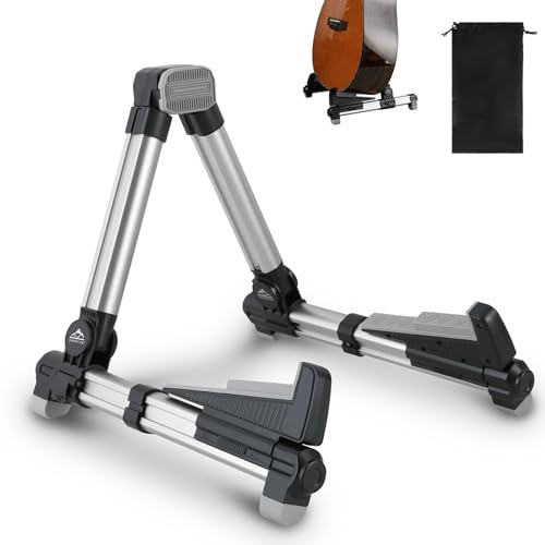 EASTROCK Folding Guitar Stand,Portable Tripod A Frame Aluminium Music Stand for Acoustic Electric Guitars, Bass, Violin, Ukulele, Banjo ( Silver)