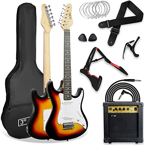 3rd Avenue XF 3/4 Size E-Gitarre Ultimate Kit Mit 10-W-Verstärker, Digitalem Stimmgerät, Kabel, Ständer, Gigbag, Gurt, Ersatzsaiten, Plektren, Kapodaster - Sunburst