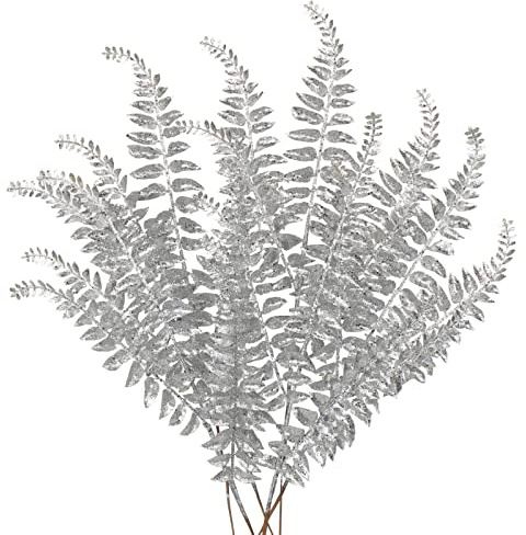 6PCS Christmas Glitter Leaves 63cm Artificial Boston Fern Silver Glitter Leaf Floral Picks Christmas Tree Decorations Artificial Leaves Stem for Xmas Tree Ornaments New Year Flower Arrangment