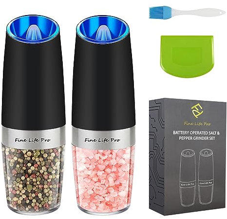 Salz und Pfeffermühle Elektrische set, Fine Life Pro Salz und Pfeffer Mühle Elektrisch Gewürzmühle, Schwerkraft Aktiviert, Einstellbarer Mahlgrad, mit Blauem LED-Licht, Schwarz, 2 Stück