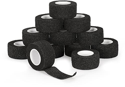12 Rollen Fingerpflaster Selbsthaftende Bandage 2,5cm x 4,5m Selbstklebender Verband Haftbandage Elastische Binde Cohesive Fixierverband Pflasterverband Pet Vet Wrap für Erste Hilfe Sport (Schwarz)