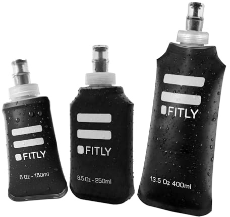 FITLY FLASKS Combo – 3 flasque souples pour hydratation pendant la course à pied, la randonnée, le cyclisme, l'escalade – Bouteilles d'eau pliables (5-95-150-250-400ml) – Noir
