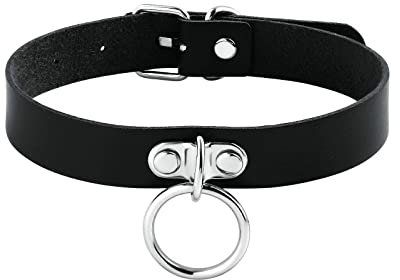 Gualiy Choker Leder Halsband, Damen Halskette Halsband Choker Tattoo Kette Silber Kreis Anhänger Gothic Punk Rock Einstellbar Collar 42cm