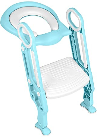 Kinder-Toilettensitz, zusammenklappbar und verstellbar, Treppe für Kinder, mit Leiter für Kinder, 1 bis 7 Jahre, Weiß + Hellblau, Toilettenstuhl